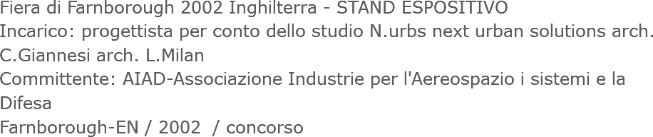 Fiera di Farnborough 2002 Inghilterra - STAND ESPOSITIVO
Incarico: progettista per conto dello studio N.urbs next urban solutions arch. C.Giannesi arch. L.Milan
Committente: AIAD-Associazione Industrie per l'Aereospazio i sistemi e la Difesa
Farnborough-EN / 2002 / concorso